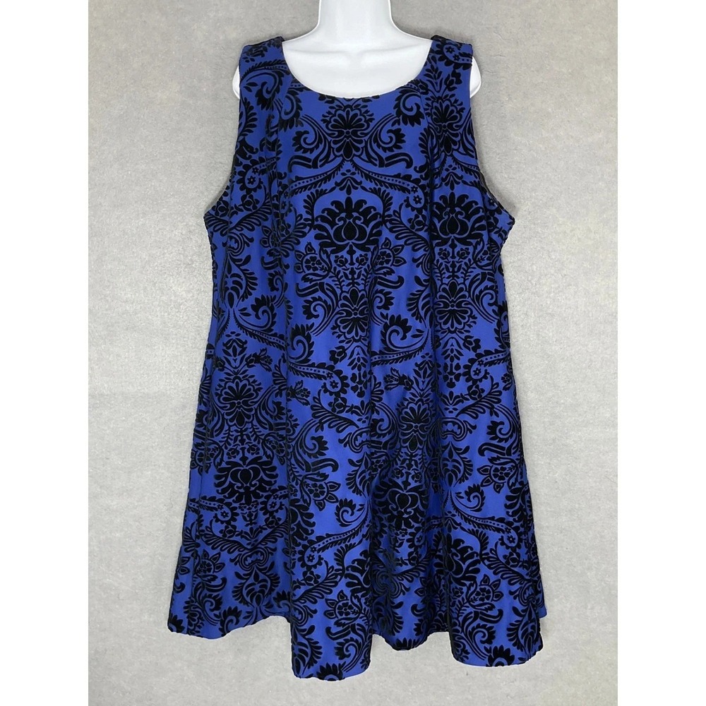 Roz & Ali Dress Womens 24W Blue & Black Velvet Sleeveless Brocade Holidy Elegant